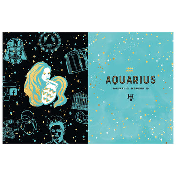 Aquarius zodiac design with astrological symbols and a person in a blue outfit on a black background.